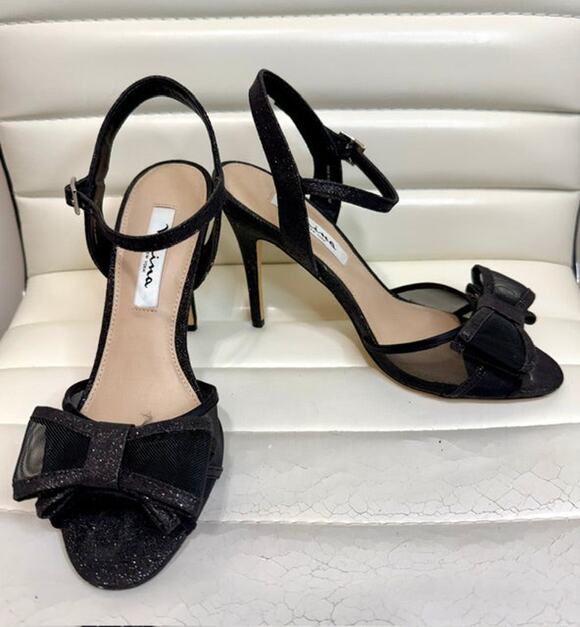 Nina Shoes - Nina Black Mesh Glitter Bow Heeled Sandals Sz7